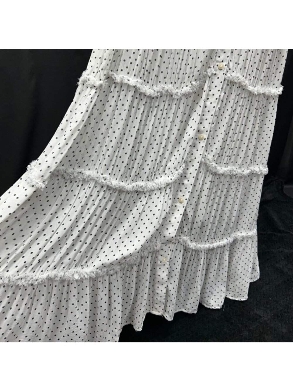 ANTHROPOLOGIE Long Sleeve Smocked Tiered Maxi Dress L White/Black Polka Dot - Picture 8 of 16